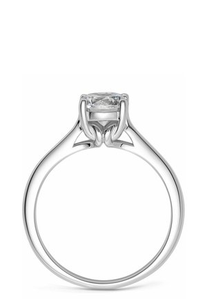 Solitärring mit Diamanten, Verlobungsring mit rund geschliffenem Mittelschliff, in einem vier Krappen Weißgoldband gefasst, Seitenansicht.