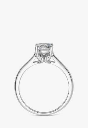 Solitärring mit Diamanten, Verlobungsring mit rund geschliffenem Mittelschliff, in einem vier Krappen Weißgoldband gefasst, Seitenansicht.