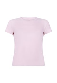 Lichtroze, korte mouwen ribbenkatoenen t-shirt met een ronde hals, weergegeven op een witte achtergrond.