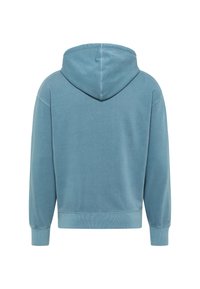 Sweat à capuche de couleur bleu clair. Fabriqué en tissu doux avec des bords côtes aux poignets et à l'ourlet. Présente une coupe décontractée et un design simple sans graphismes.