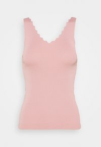 Top rosa chiaro senza maniche con trama a coste e scollo smerlato. Design aderente, tessuto liscio, senza elementi hardware o motivi visibili.