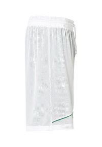 Shorts de sport en mesh blanc avec taille élastique, cordon de serrage, et une bande diagonale verte près de l'ourlet sur un fond uni.