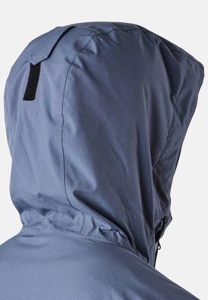 Gray waterproof jacket with a structured hood, featuring a Velcro strap on the back and a smooth, textured surface.