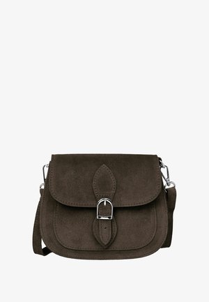 Brown suede crossbody bag with a flap closure, silver buckle detail, and adjustable strap, featuring a smooth textured finish and rounded edges.