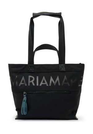 Bolsa tote negra con dos asas, un bolsillo frontal con cremallera y pestaña azul, y grandes letras "MARIAMARE" en la parte superior.