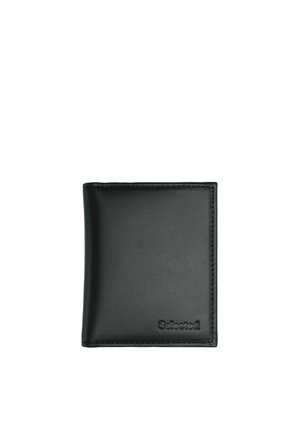 Portefeuille bifold en cuir noir avec bords cousus et le mot "Selected" embossé dans le coin inférieur droit.