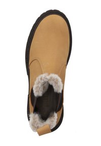 Stivale in camoscio marrone con fodera morbida in pelliccia sintetica al colletto, forma arrotondata e suola nera in gomma resistente. Dotato di un anello sul tallone per una facile calzata.