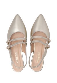 Spitse neus zilveren slingback schoenen met een ontwerp met dubbele band. Soepele metalen afwerking, beige binnenkant en verstelbare gespen.