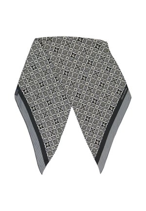 Czarno-biała wzorzysta chusta z diamentowymi kształtami i detalami z monogramem Louis Vuitton, złożona w trójkątny kształt.