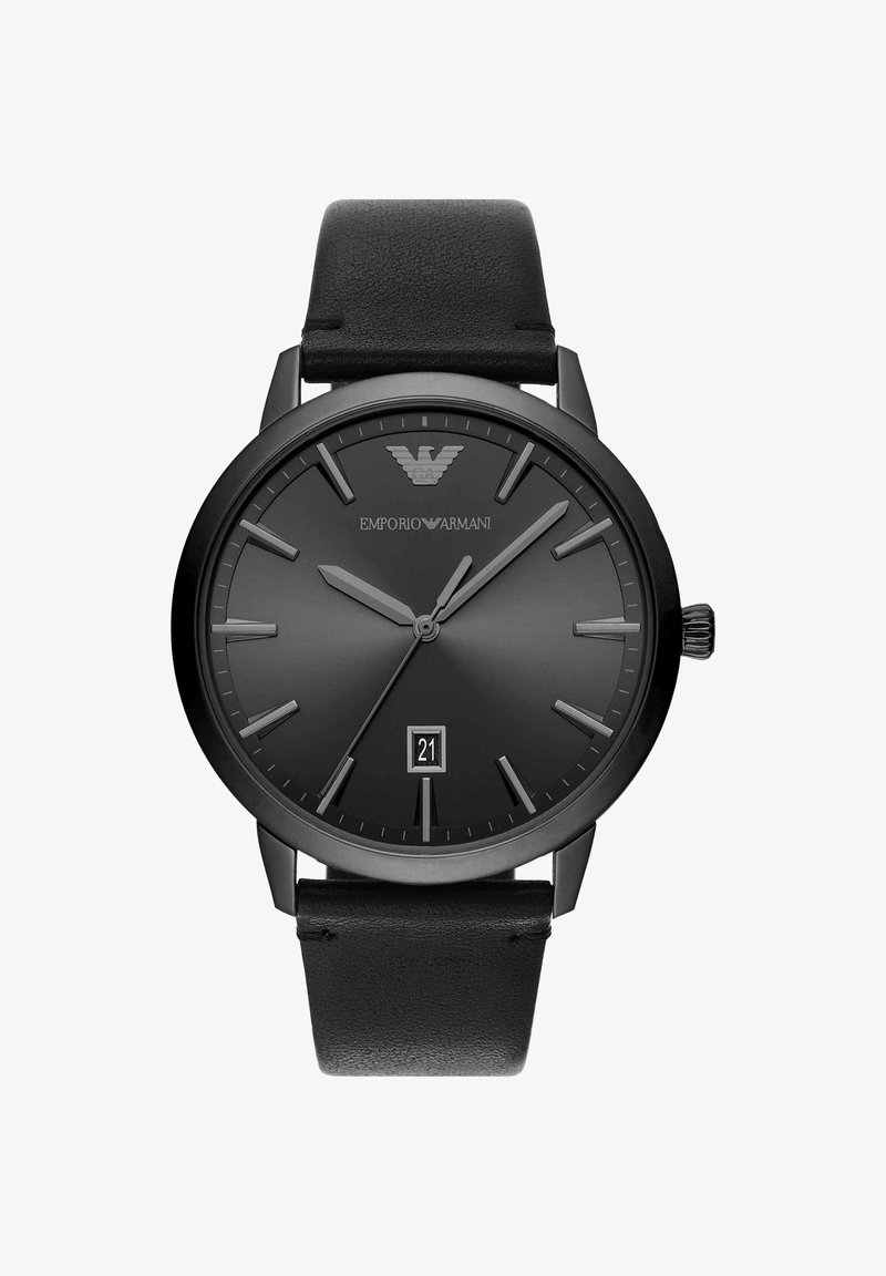 Emporio Armani schwarze analoge Uhr mit Lederarmband, silbernen Stundenmarkierungen, drei Zeigern und einer Datumsanzeige, die „21“ anzeigt.