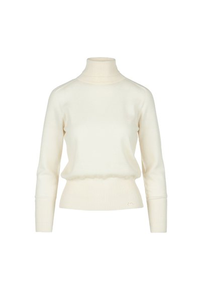 Kremowy sweter z golfem o dopasowanym kroju, z prążkowanym kołnierzem i mankietami oraz lekko marszczonym dołem. Złote logo na dole.