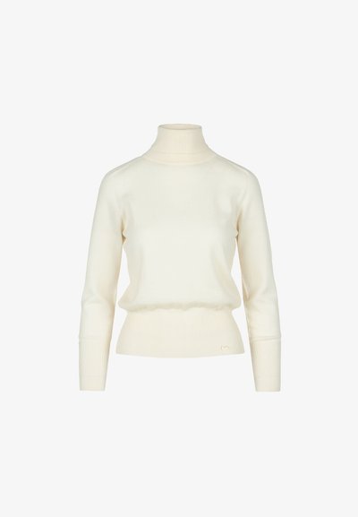 Kremowy sweter z golfem o dopasowanym kroju, z prążkowanym kołnierzem i mankietami oraz lekko marszczonym dołem. Złote logo na dole.