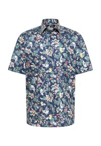 Korte mouwen shirt van marineblauwe stof met een veelkleurig bloemenpatroon, puntkraag en een ontspannen pasvorm. Lichtgewicht, zachte textuur.