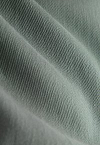 Svetlozelená tkanina s hladkou textúrou, s diagonálnym vzorom tkania a jemným záhybom. Priblížený pohľad zvýrazňujúci detaily materiálu.