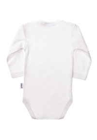 Langärmliger weißer Body aus weicher Baumwolle. Mit eng anliegender Passform, rundem Halsausschnitt und Druckknopfverschluss am Boden. Keine Muster oder Verzierungen.