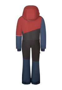 Children's one-piece snowsuit in red, navy, and black. Features a hood, long sleeves, and legs with adjustable cuffs; made from water-resistant material.