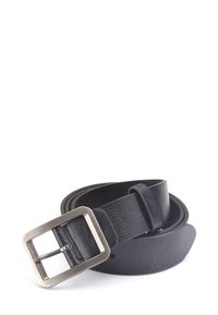 Black leather belt with a silver metal buckle, featuring a smooth texture and a traditional design. The belt is coiled with a rounded end.