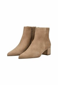 Tan suede ankle boots with pointed toes and a block heel. Features a side zip closure and smooth texture.