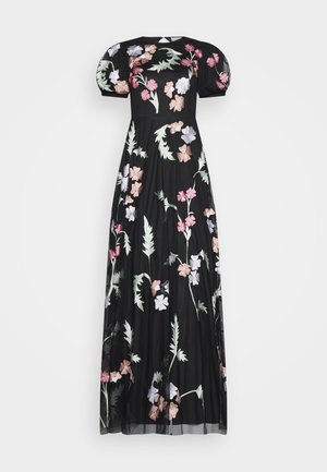 CONTRAST FLORAL EMBROIDERED PUFF SLEEVE - Abito da sera - black