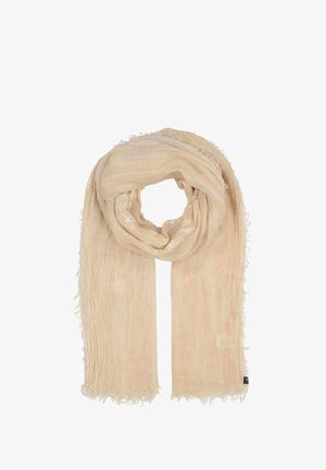 Beige woven scarf featuring a textured finish with fringed edges and subtle decorative stitching along one side.