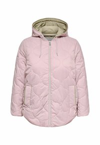 Gesteppte rosa Steppjacke mit Kapuze, ausgestattet mit einem Frontreißverschluss und zwei Seitentaschen. Das Innenfutter hat eine kontrastierende beige Farbe.