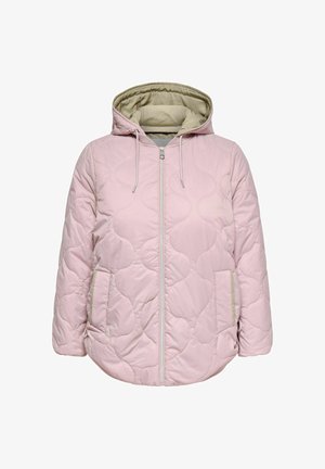 Lys rosa vattert dunjakke med hette, med glidelås foran og to sidelommer. Innerfôret har en kontrasterende beige farge.