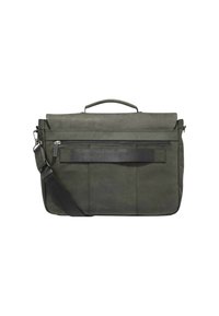 Borsa per laptop verde con texture in pelle liscia, tasca frontale con zip e tracolla regolabile. Dotata di una maniglia superiore per un facile trasporto.