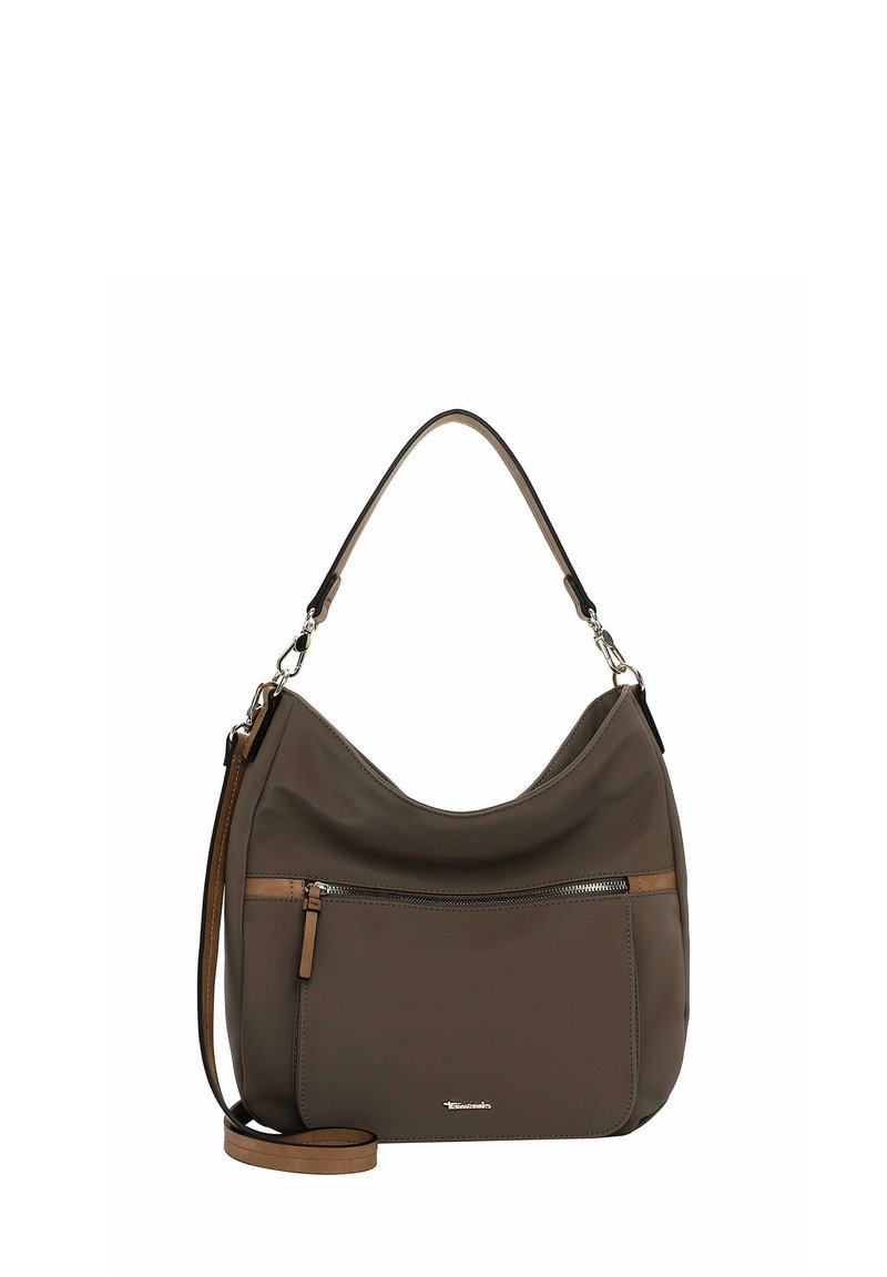 Brown synthetic handbag with a hobo design, featuring a zippered front pocket, contrasting brown trim, and a single strap for shoulder carry.