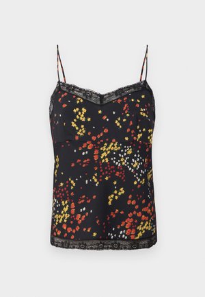 Camisola nera floreale con motivi di fiori rossi, gialli e bianchi. Bordo in pizzo sul colletto e sull'orlo, con sottili spalline regolabili.