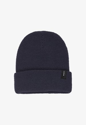 Berretto a maglia waffle di un blu navy scuro con risvolto e una piccola etichetta nera del logo RVCA sul lato del risvolto.