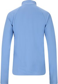 Helles, blaues Langarmjacke mit hohem Kragen, aus glattem, elastischem Stoff und ohne sichtbare Designmerkmale oder Metallteile.