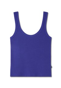 Paars geribbeld tanktop met een ronde halslijn en brede banden. Heeft een aansluitend ontwerp en een gestructureerde stof voor extra dimensie.