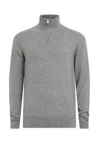 Maglione grigio a mezze zip realizzato in materiale morbido, con maniche lunghe, polsini e orlo a costine. Zip al collo per una chiusura regolabile.
