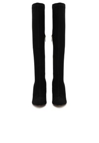Black suede over-the-knee boots with a pointed toe and high stiletto heel. Features a side zipper and vertical seam detailing.