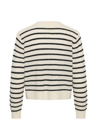 Pull crème à manches longues avec des rayures horizontales noires, poignets et ourlet côtelés, montré de dos sur un fond blanc.