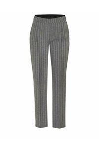 Graue, fein gestreifte Hose mit tailliertem Bund, glatter Textur und geradem Bein. Keine sichtbaren Taschen oder Beschläge.