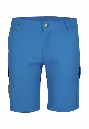 Herren helle blaue knielange Shorts mit Gürtelschlaufen, seitlichen Cargotaschen und Knopfverschluss an der Taille.