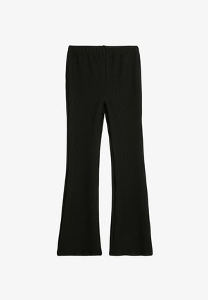 Schwarze gerippte Strickhosen mit ausgestelltem Bein und elastischem Bund, aus einem strukturierten Stoff und mit einem lockeren Schnitt an den Beinen.