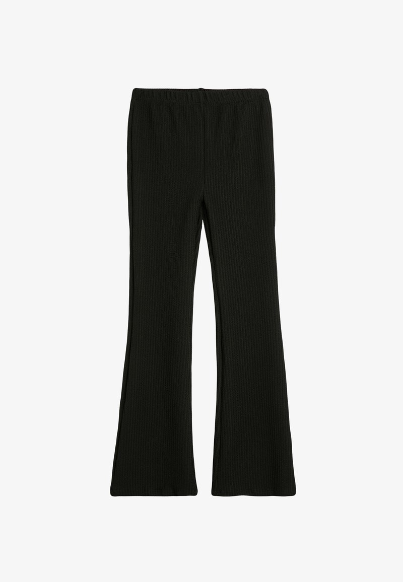 Zwarte geribbelde gebreide flare-broek met een elastische tailleband, voorzien van een textielstructuur en een ontspannen pasvorm langs de benen.