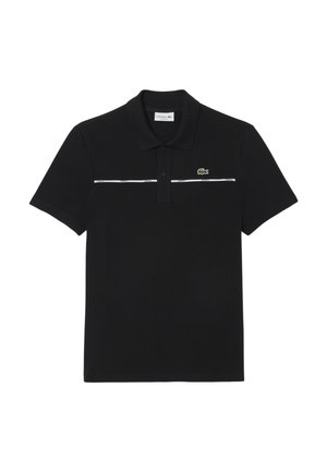 Polo negro de algodón con cuello plano, que presenta un acento a rayas blancas en el pecho y un logo bordado en verde.