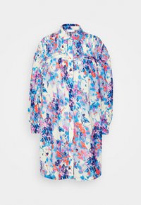 Μακρυμάνικο φόρεμα-πουκάμισο με αφηρημένο λουλουδάτο σχέδιο σε μπλε, ροζ, μωβ και πορτοκαλί σε λευκό φόντο, με γιακά και κλείσιμο με κουμπιά.