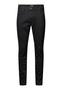 Jeans en denim noir au design ajusté, dotés de cinq poches, d'une fermeture par bouton et d'une texture lisse. Aucuns motifs ou embellissements visibles.