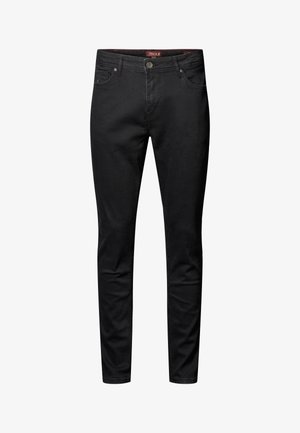 Schwarze Denim-Jeans mit tailliertem Design, ausgestattet mit fünf Taschen, einem Knopfverschluss und einer glatten Textur. Keine sichtbaren Muster oder Verzierungen.