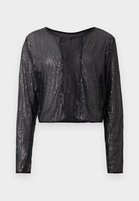 Jaqueta cropped preta com mangas longas, apresentando um tecido transparente coberto de lantejoulas, um decote redondo e um fecho na parte da frente com laço.