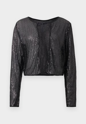 Chaqueta negra corta con mangas largas, que presenta una tela translúcida cubierta de lentejuelas, un escote redondo y un cierre frontal con lazo.