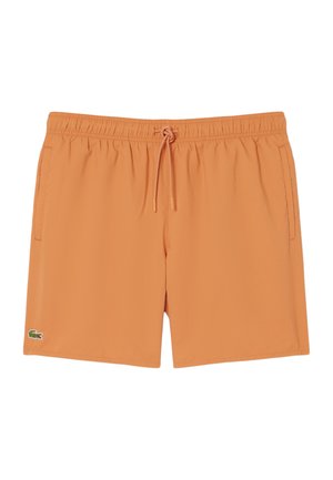 Shorts de bain pour hommes orange avec taille élastique, cordon de serrage à l'avant, poches latérales et petit logo crocodile vert sur la jambe gauche.