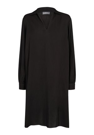 Black long-sleeve dress with a V-neck and collar, featuring a relaxed fit and gathered sleeves. Smooth texture and simple design.