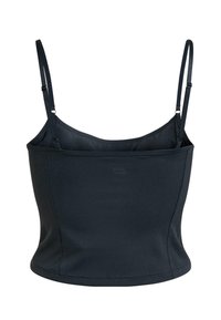 Schwarzes, kürzer geschnittenes Tanktop mit verstellbaren Spaghettiträgern, aus glattem Stoff gefertigt, mit einem schlichten Design und einer leichten Dehnbarkeit.