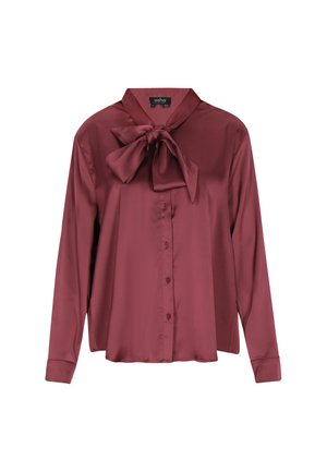 Burgundy satin blouse with a tied collar, long sleeves, front button closure, and smooth texture. Tailored fit with side slits.