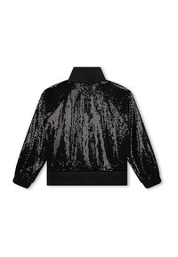 Giacca nera in paillettes con colletto alto, polsini e orlo a coste. Presenta paillettes riflettenti disposte in diversi motivi.